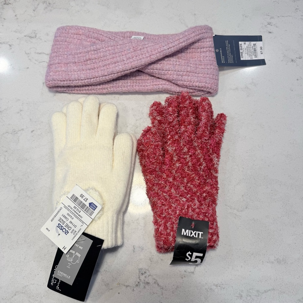 NWT-Winter Bundle Textured Ivory Gloves, Red Gloves, Pink/Purple Knit Headband